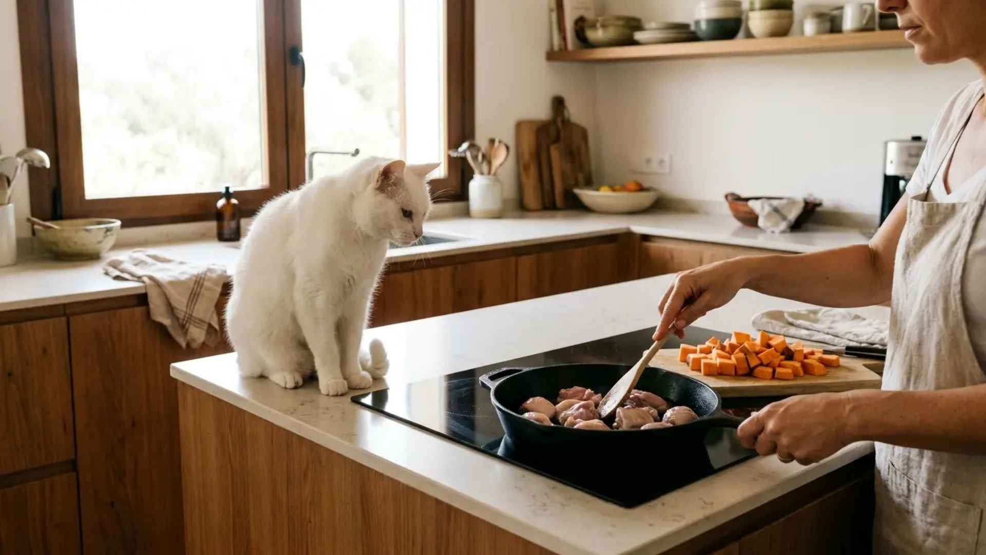 mujer haciendo la comida casera para un gato con insuficiencia renal